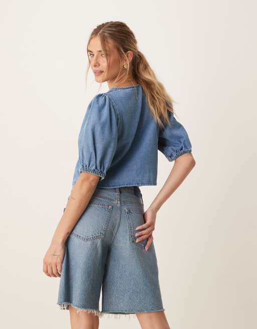ASOS DESIGN - Mellemblå og forvasket top i blød denim med bindebåndsdetalje foran, 3 af 4