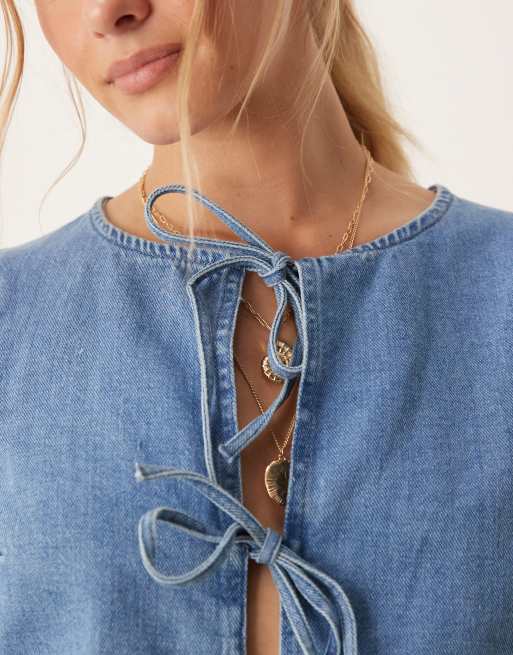 ASOS DESIGN - Mellemblå og forvasket top i blød denim med bindebåndsdetalje foran, 4 af 4