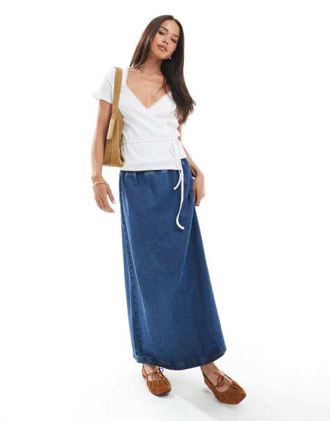 ASOS DESIGN - Mellemblå pull-on-midinederdel i denim - view 1