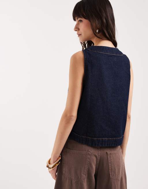 ASOS DESIGN - Mellemblå top i denim med knapper og kurvet sømkant, 4 af 4