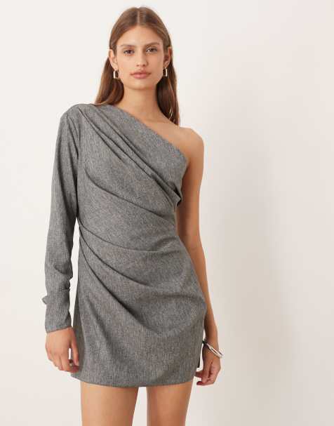 ASOS DESIGN - Mellemgrå oneshoulder-minikjole med drapering i satin - view 1
