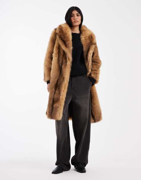 ASOS DESIGN - Mellemlang frakke i imiteret pels med orange striber - view 1