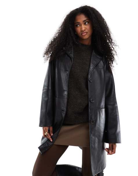 ASOS DESIGN - Mellemlang og sort jakke i ægte læder - view 1