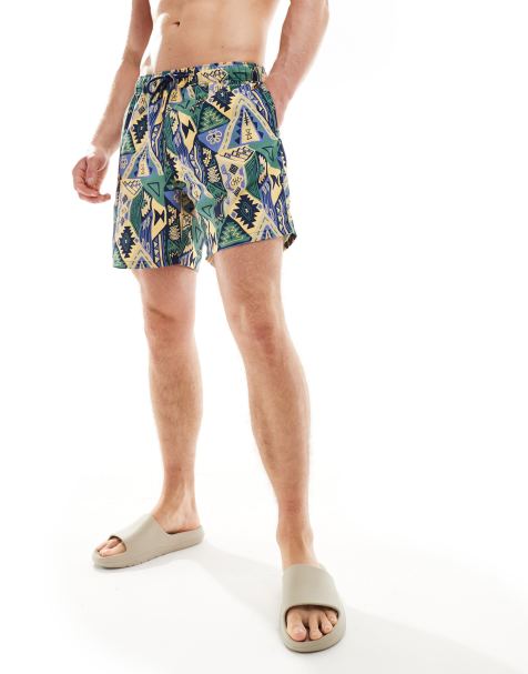 ASOS DESIGN - Mellemlange badeshorts med abstrakt print i blå - view 1