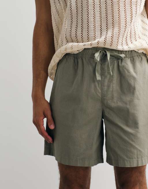 ASOS DESIGN - Mellemlange kakifarvede shorts i hørblanding med brede ben, 4 af 5