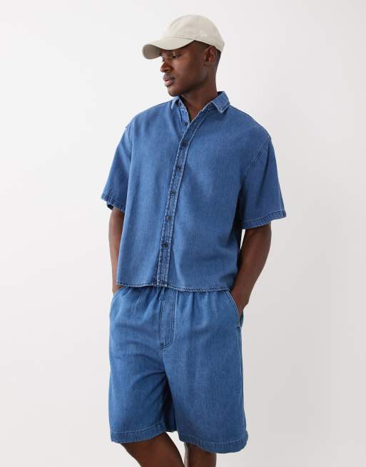 ASOS DESIGN - Mellemlange pull-on-jorts i denim med blå mellemvask i hørblanding - Del af sæt, 2 af 5