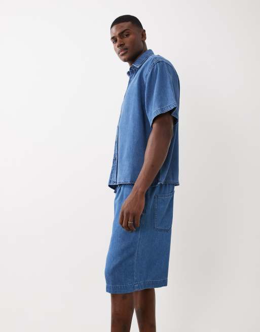ASOS DESIGN - Mellemlange pull-on-jorts i denim med blå mellemvask i hørblanding - Del af sæt, 3 af 5