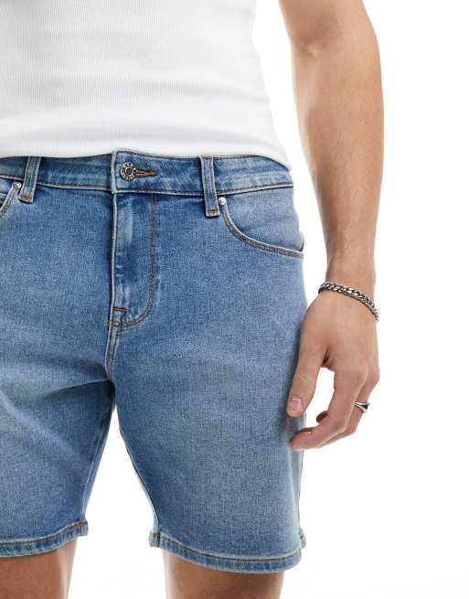 ASOS DESIGN - Mellemlange skinny-denimshorts i mellemblå vask, 3 af 4