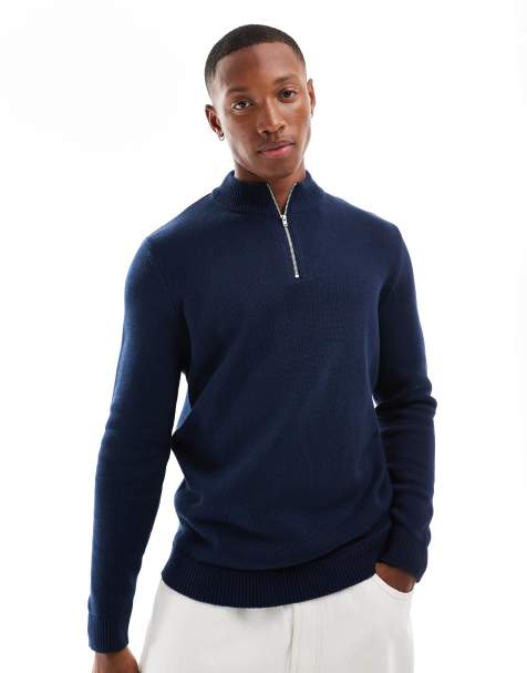 ASOS DESIGN - Mellemtung og marineblå striktrøje med kvart lynlås i halsen - view 1