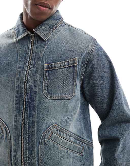 ASOS DESIGN - Mellemvasket blå Harrington-jakke i denim i firkantet pasform, 3 af 4