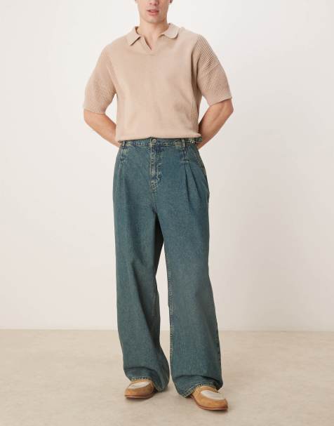 ASOS DESIGN - Mellemvasket blå jeans med dobbelte plisseringer og bindebånd i siderne - view 1