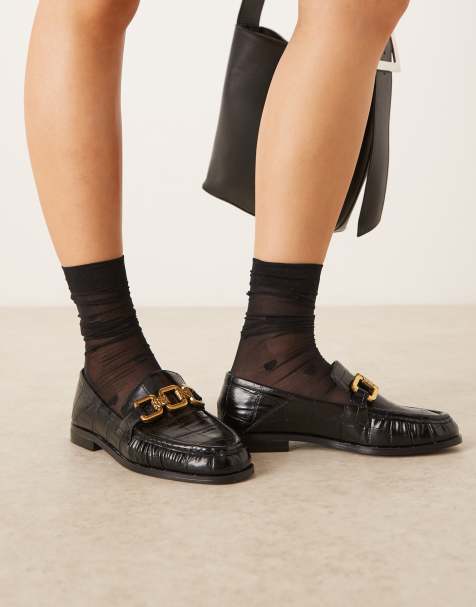 ASOS DESIGN Melrose chain detail ruched loafers in black croc - view 1