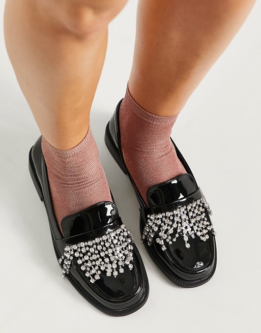 ASOS DESIGN Mensy loafers with embellishment in black patent