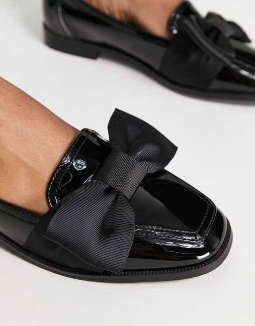 ASOS DESIGN Mentor bow loafer flat shoes in black patent | ASOS