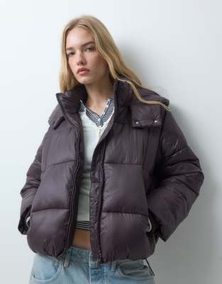Asos Design Mercerized Short Hooded Padded Jacket In Brown