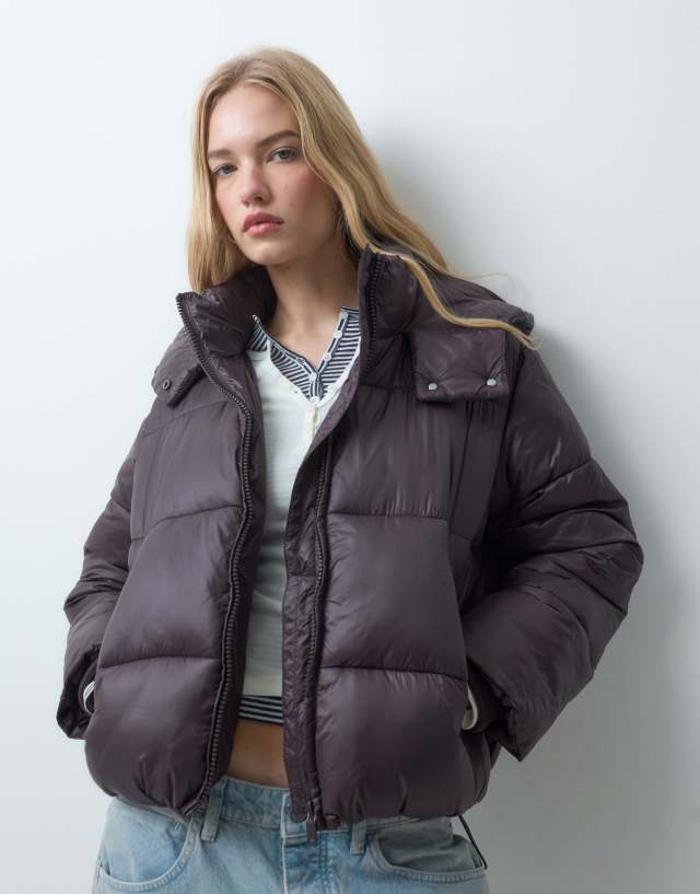 ASOS DESIGN mercerized short hooded padded jacket in choc plum