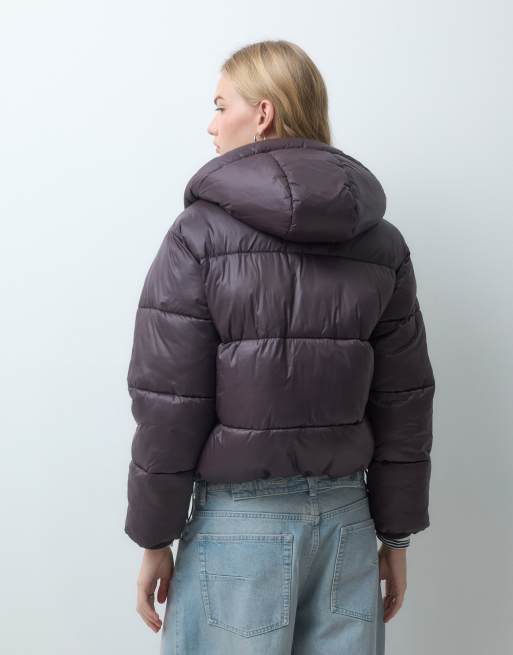ASOS DESIGN mercerized short hooded padded jacket in choc plum, 4 of 4