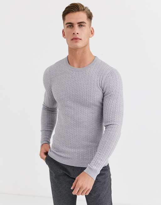 ASOS DESIGN merino wool cable knit sweater in light gray