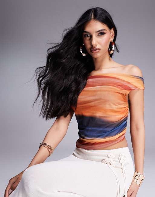 ASOS DESIGN mesh abstract off the shoulder top in multi stripes