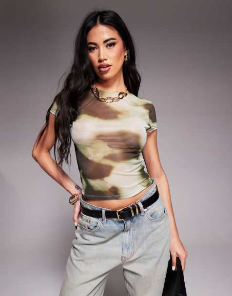ASOS DESIGN mesh abstract print baby tee in green - view 1