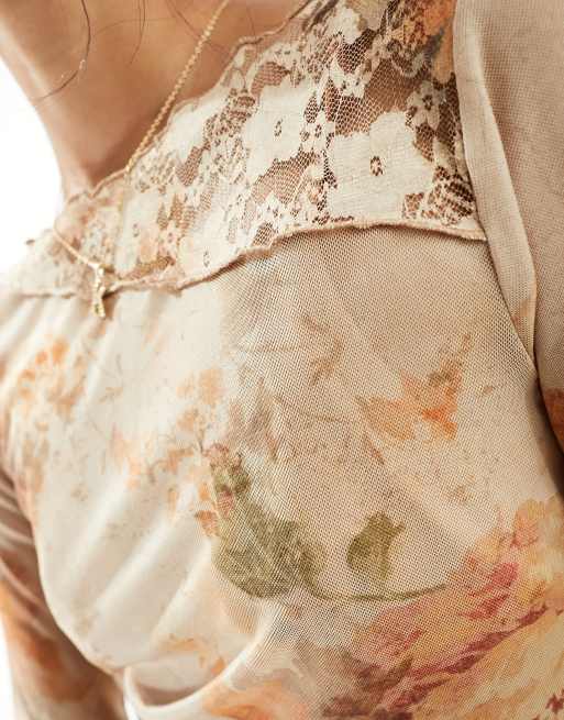 ASOS DESIGN mesh and lace mix long sleeve top with