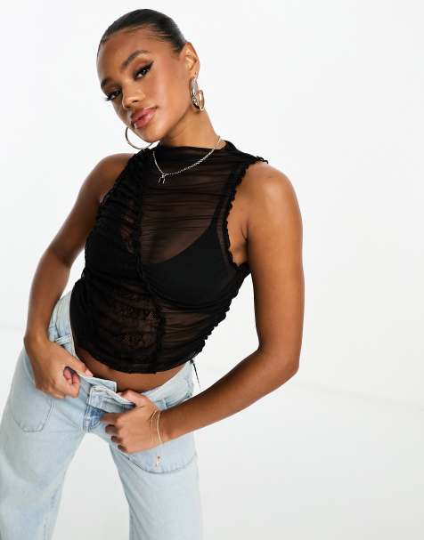 ASOS DESIGN mesh and lace mix tank top in black - view 1
