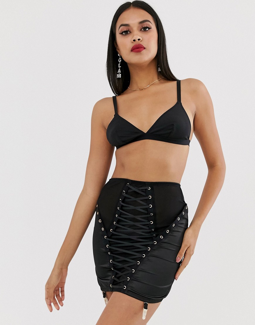 ASOS DESIGN mesh and satin lace up corset skirt-Black
