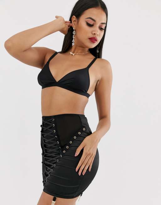 ASOS DESIGN mesh and satin lace up corset skirt