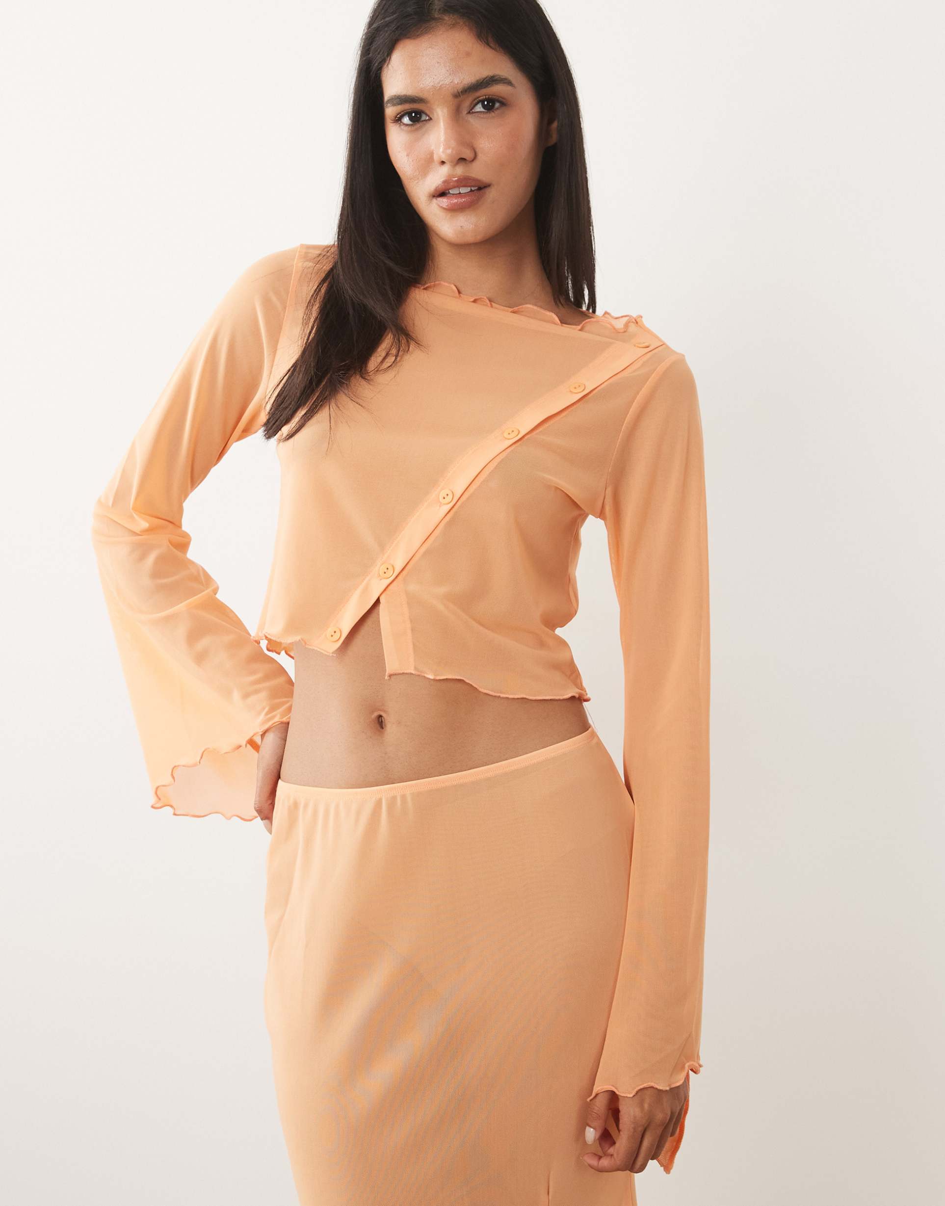 asos design mesh angel sleeve button up top in apricot - part of a set
