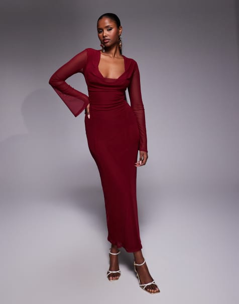ASOS DESIGN mesh angel sleeve lace up back long sleeve maxi dress in burgundy