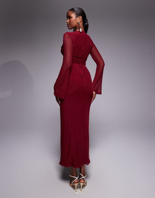 ASOS DESIGN mesh angel sleeve lace up back long sleeve maxi dress in burgundy