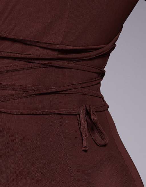 ASOS DESIGN mesh angel sleeve lace up back long sleeve maxi dress in chocolate, 3 of 4