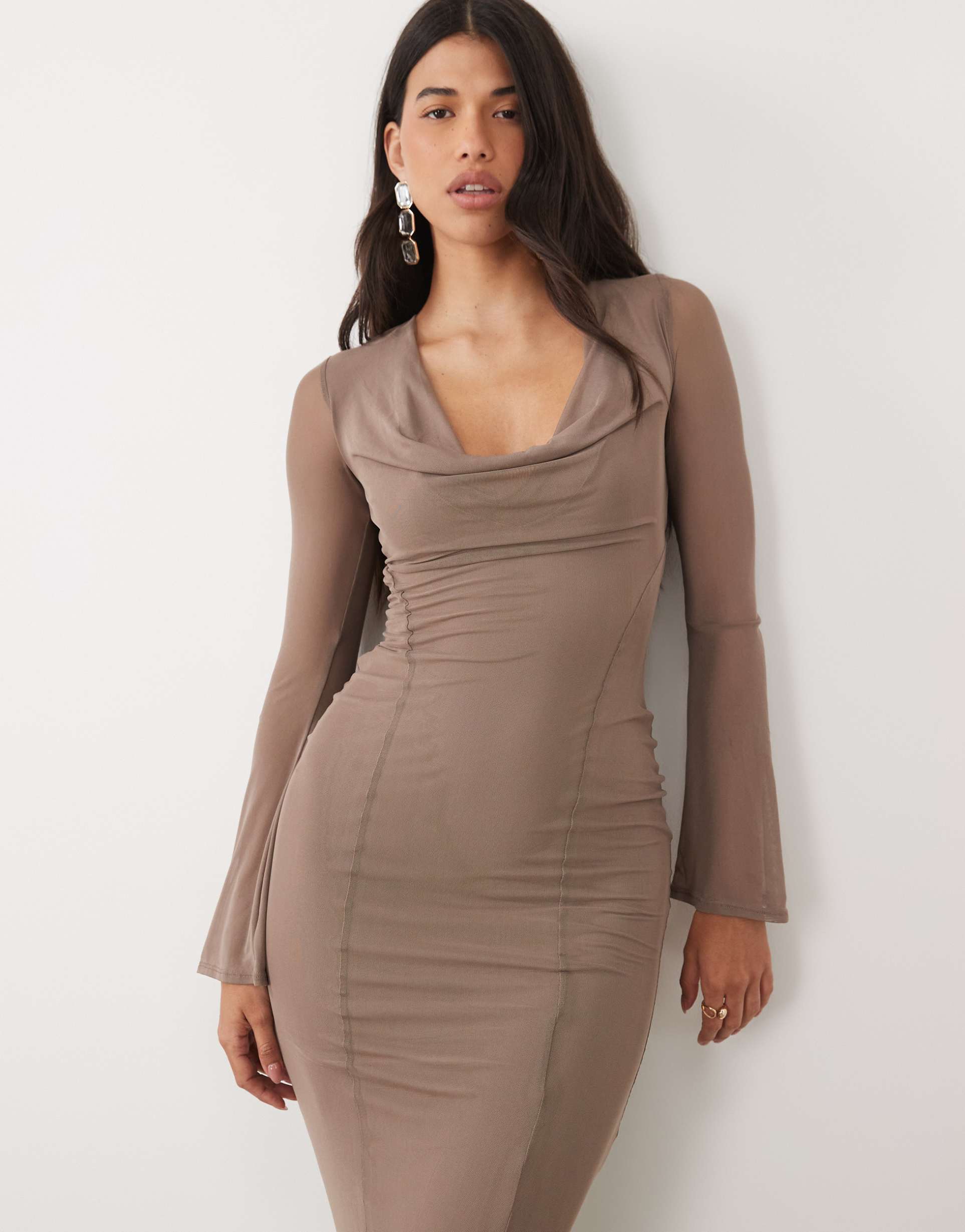 asos design mesh angel sleeve lace up back long sleeve maxi dress in mocha