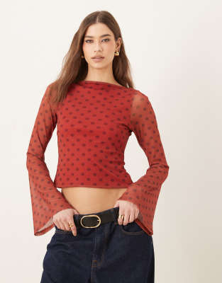 Asos Design Mesh Angel Sleeve Top With Open Tie Back In Orange
