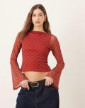 [ASOS DESIGN] ASOS DESIGN mesh angel sleeve top with open tie back in polka dot print in rust-Orange XS Rust