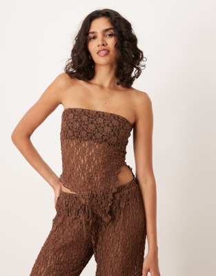 Asos Design Mesh Asymmetric Bandeau Top With Split Side In Brown