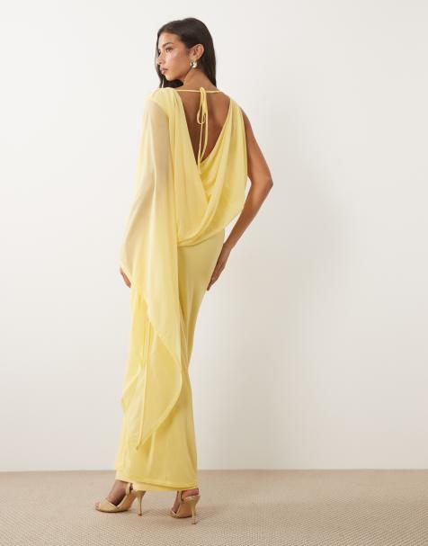 ASOS DESIGN mesh asymmetric blouson maxi dress with extreme sleeve in yellow - view 1