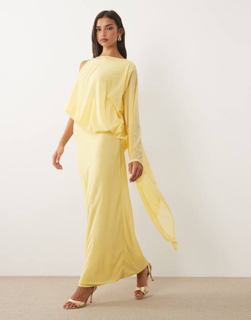 ASOS DESIGN mesh asymmetric blouson maxi dress with extreme sleeve in yellow, 3 of 4