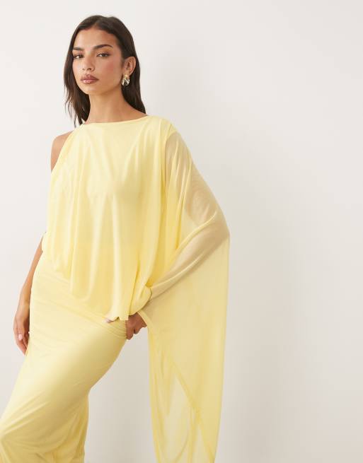 ASOS DESIGN mesh asymmetric blouson maxi dress with extreme sleeve in yellow, 4 of 4