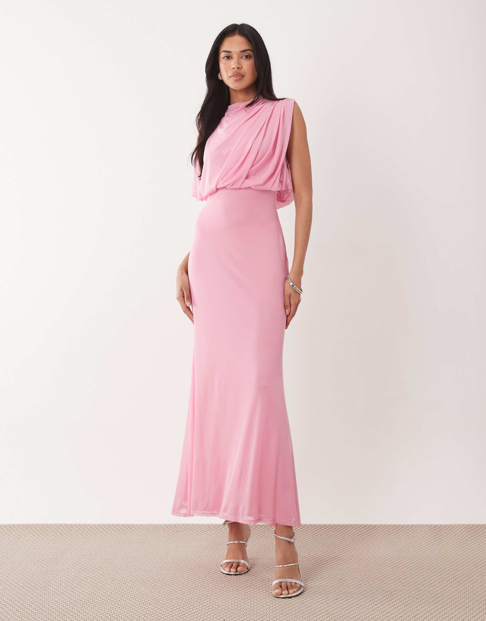 asos design mesh asymmetric cap sleeve blouson bodice midi dress in pink