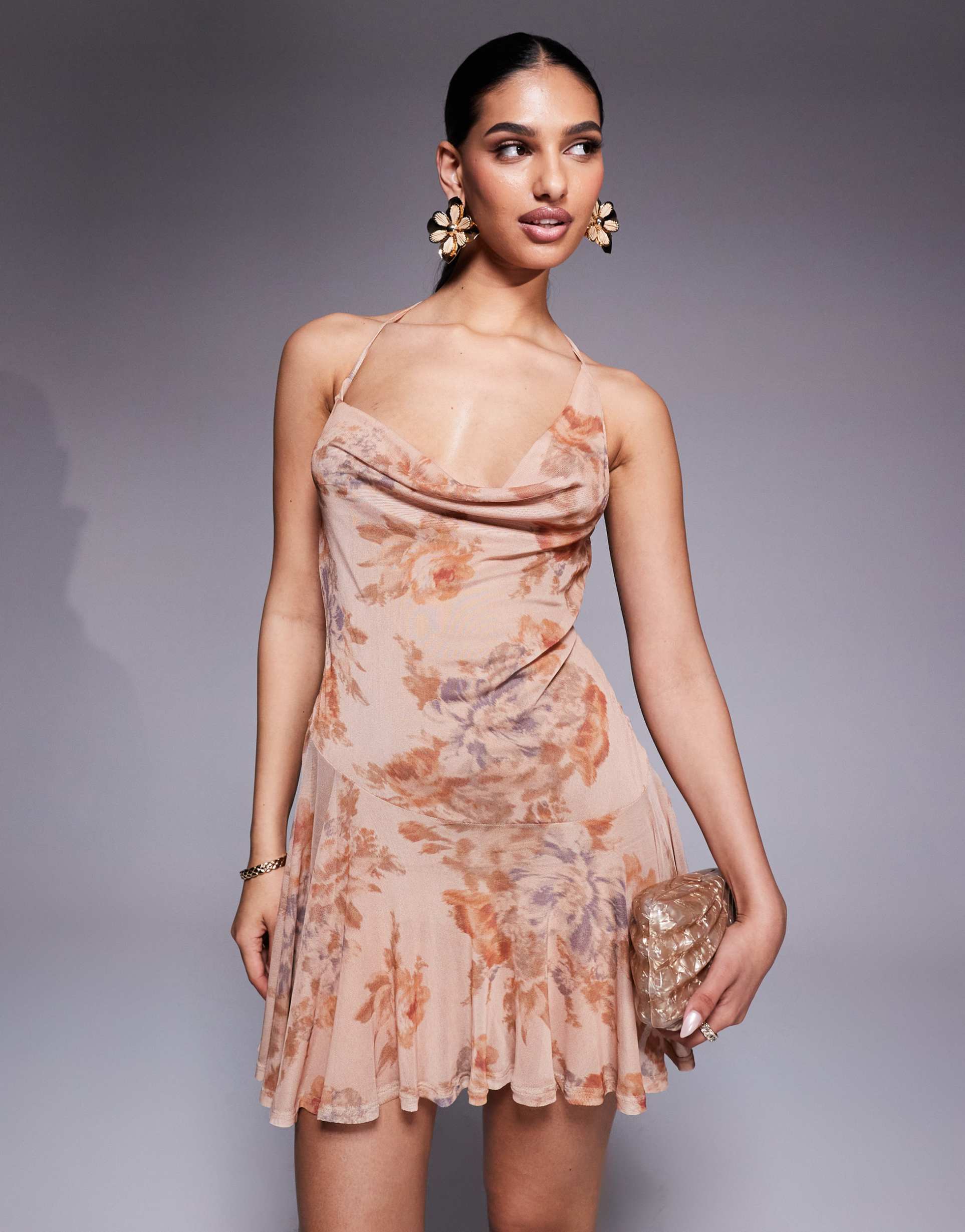 asos design mesh asymmetric cowl neck mini dress with pleated skirt in vintage floral print