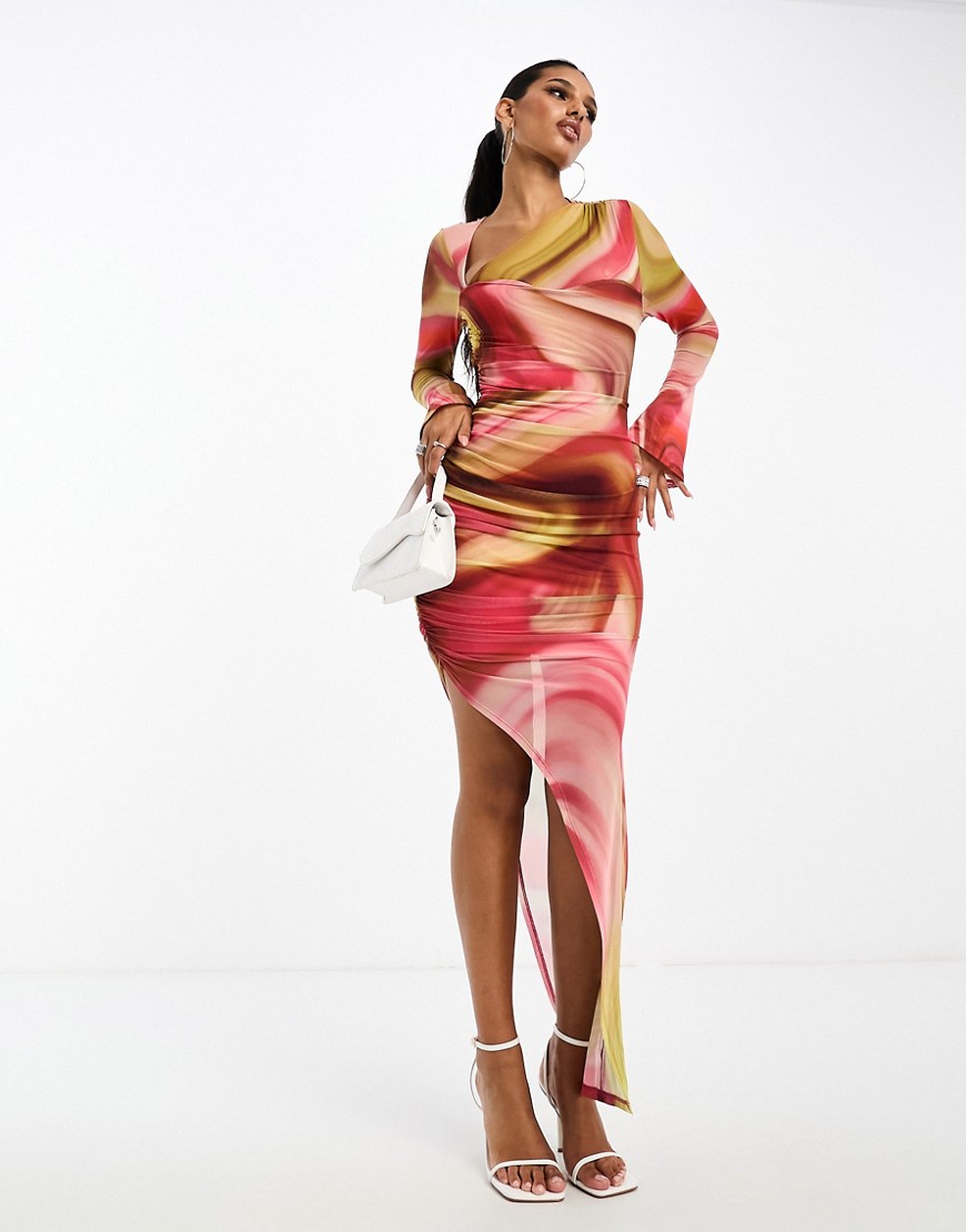 ASOS DESIGN mesh asymmetric cut out midi dress in smudge print-Multi