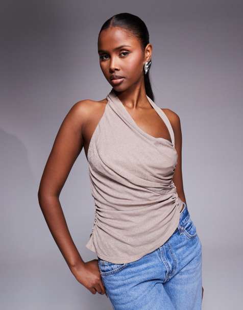 ASOS DESIGN mesh asymmetric drape halter neck top in taupe - view 1