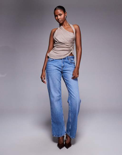 ASOS DESIGN mesh asymmetric drape halter neck top in taupe, 4 of 4