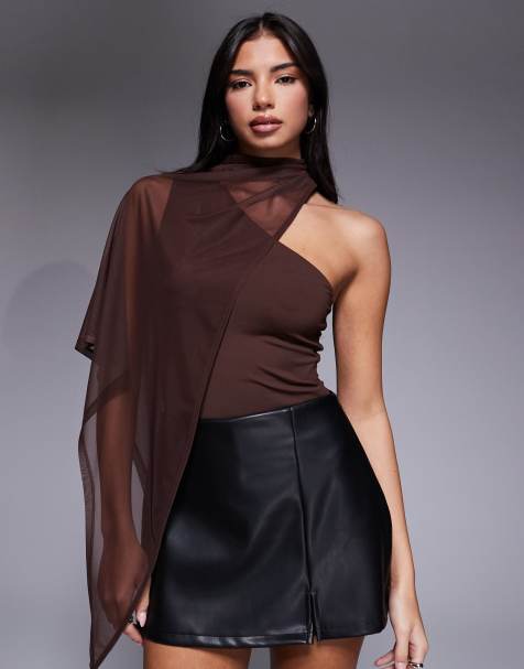 ASOS DESIGN mesh asymmetric draped cape bodysuit in chocolate - view 1