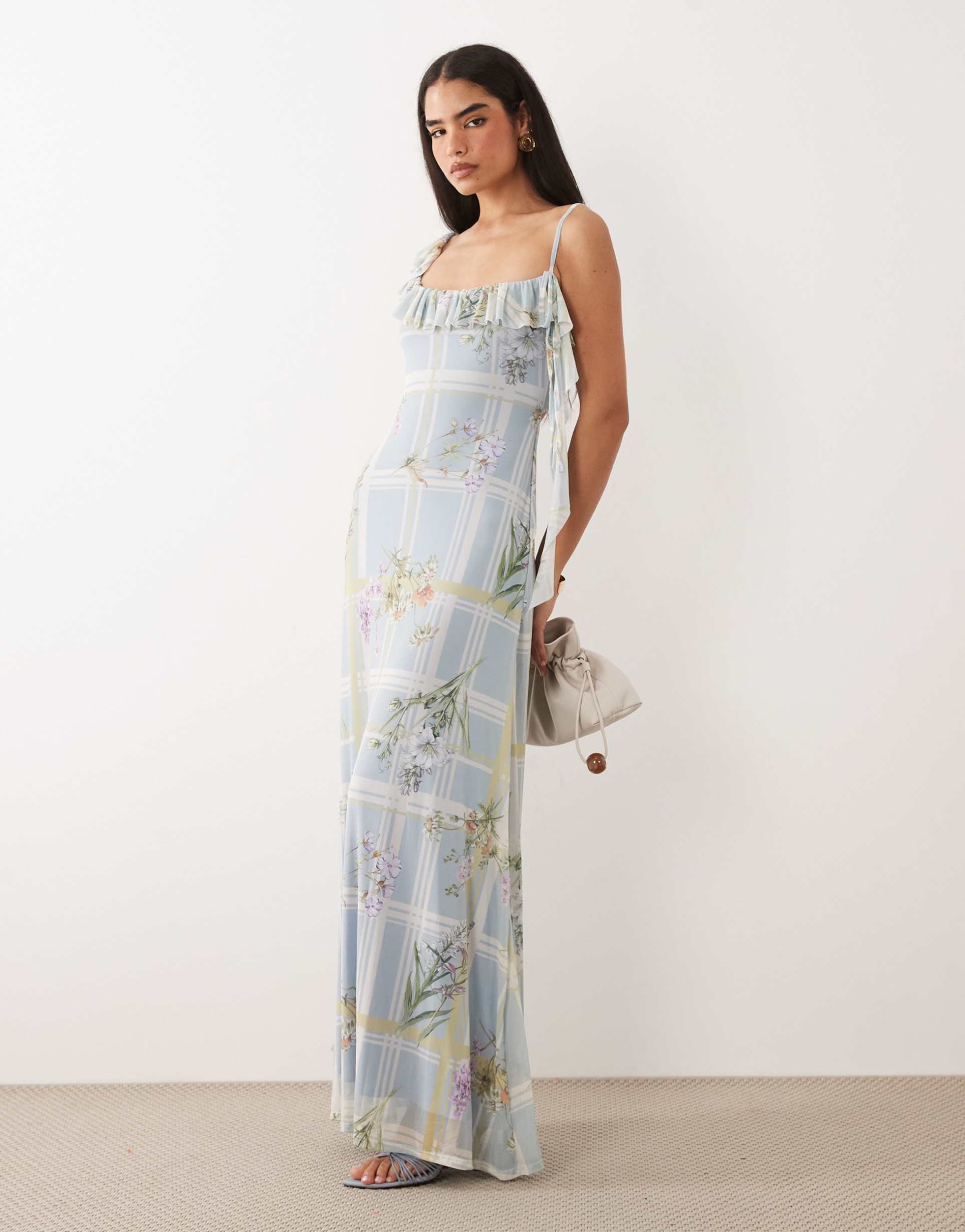 asos design mesh asymmetric frill detail maxi dress with tie in blue floral plaid