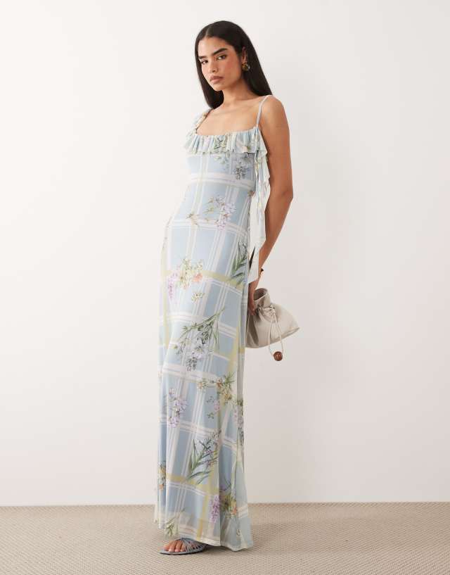 ASOS DESIGN mesh asymmetric frill detail maxi dress with tie in blue floral plaid