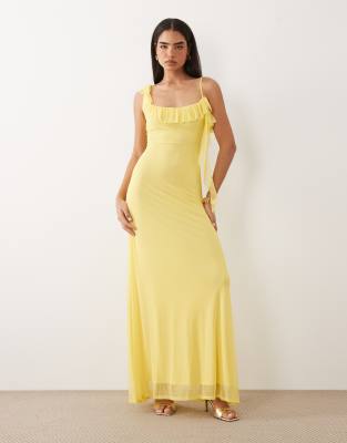 Asos Design Mesh Asymmetric Frill Detail Maxi Dress With Tie In Yellow
