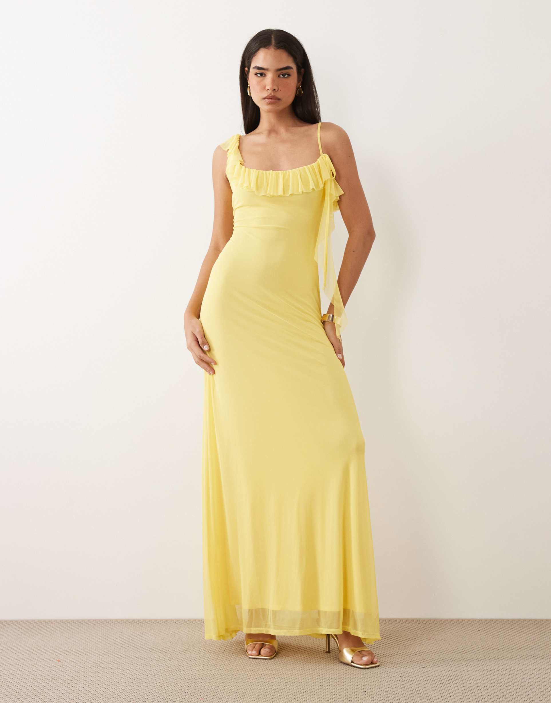 asos design mesh asymmetric frill detail maxi dress with tie in lemon