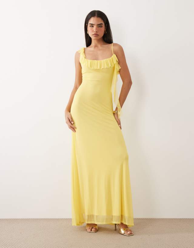 ASOS DESIGN mesh asymmetric frill detail maxi dress with tie in lemon